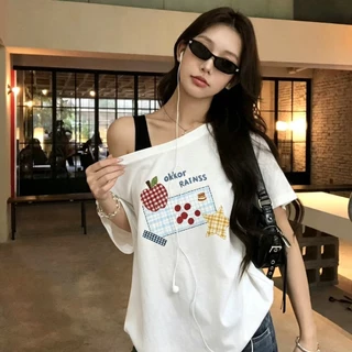 เสื้อยืดแขนสั้น ✨ สายสะพายเอียง 🎀 สไตล์เกาหลี น่ารักสุดๆ | ลาย เจ้าเหมียว น้องน่ารัก | ทรงใหญ่สบาย ไม่อึดอัด | ผอมทันท