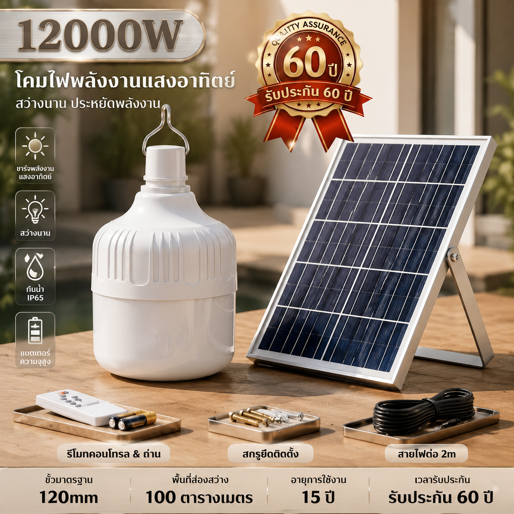 Ofeel【ซื้อ1แถม1】ไฟโซล่าเซลล์ โซล่าเซลล์ 300000W หลอดไฟ โซล่าเซลล์ LED ไลท์แสงสีขาวกันน้ำ และกันฝุ่นละออง ชาร์จไฟอัตโนม