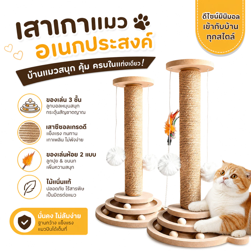 【4 in 1】เสาลับเล็บแมวทรงตั้ง เสาลับเล็บแมว ของเล่นแมว ไม่ทำร้ายเล็บ แข็งแรงทนทาน มาพร้อมของเล่นแมว