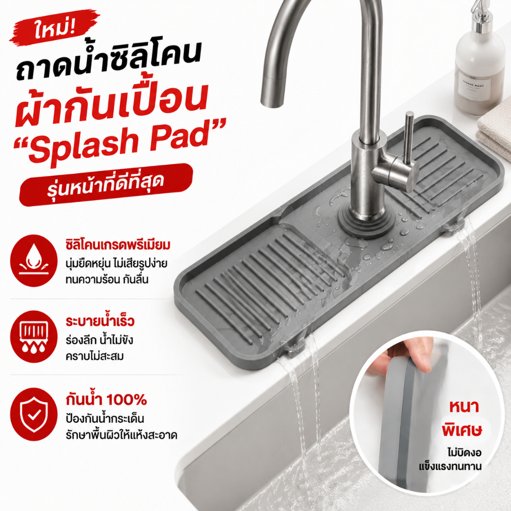 30-61cm แผ่นรองก๊อกน้ํา แบบนิ่ม ซิลิโคนก๊อกน้ําอ่างล้างจาน แผ่นซิลิโคนนุ่ม ถาดซิลิโคน ดูดซับน้ํา กันกระเด็น แห้งเร็ว