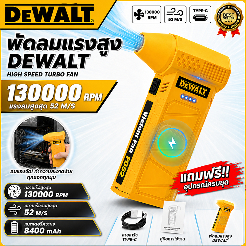 พัดลมเทอร์โบเจ็ท 130000RPM เครื่องเป่าลมไร้สาย 52m/s แบต 8400mAh ปรับแรงลม ชาร์จ Type-C
