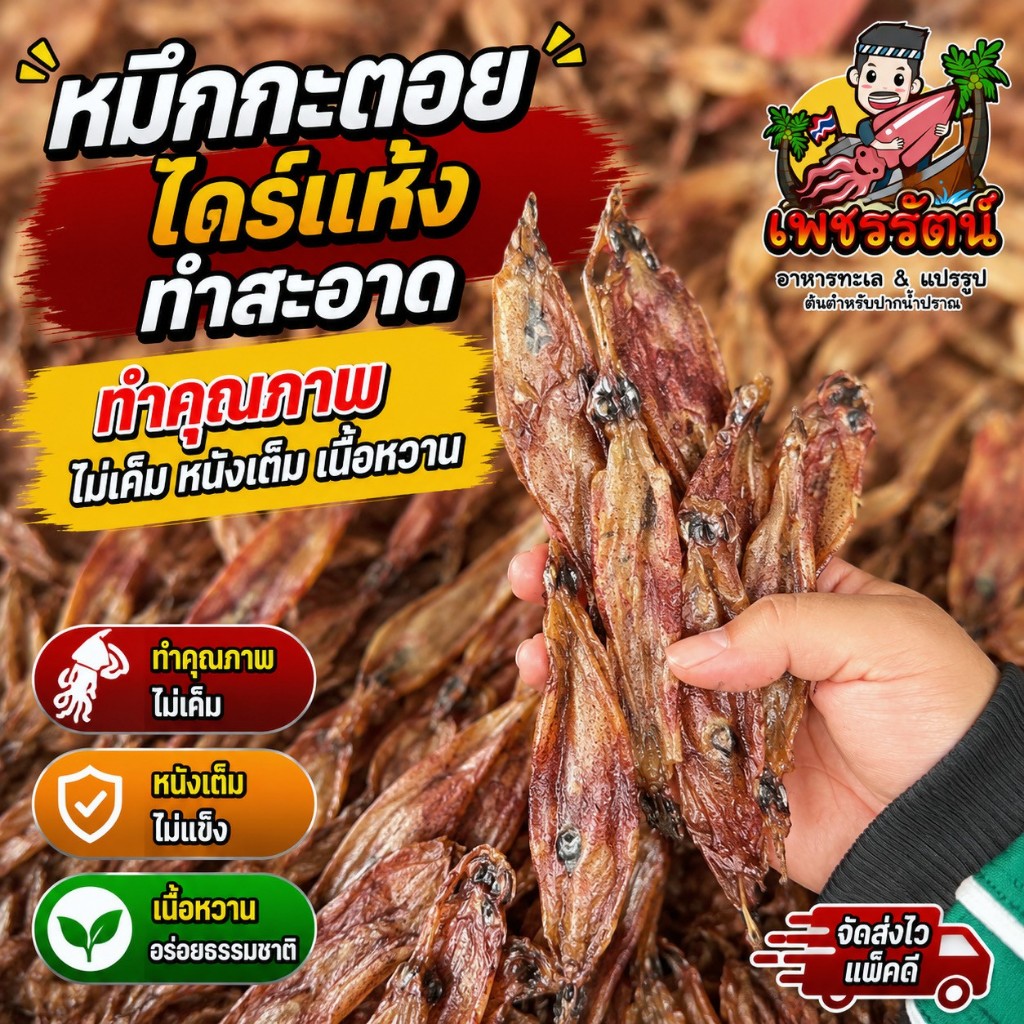 หมึกกะตอย เรือไดร์ หมึกแห้ง ทำสะอาด ไม่เค็ม จากปากน้ำปราณ