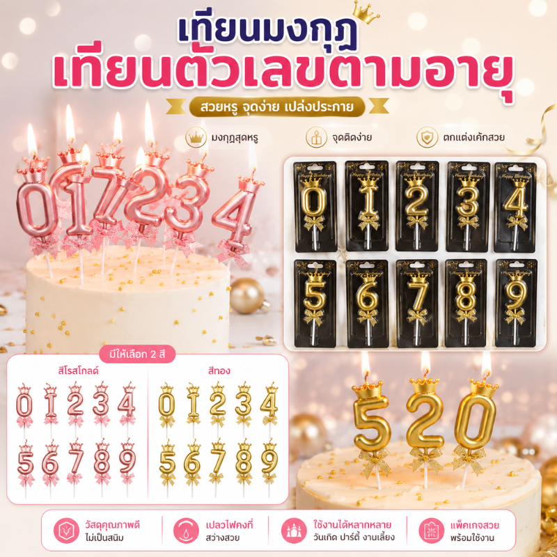 เทียนวันเกิดแบบตัวเลข แบบมงกุฎ ตามอายุ ใช้ปักตกแต่งเค้กวันเกิด เพิ่มสวยสวยงาม