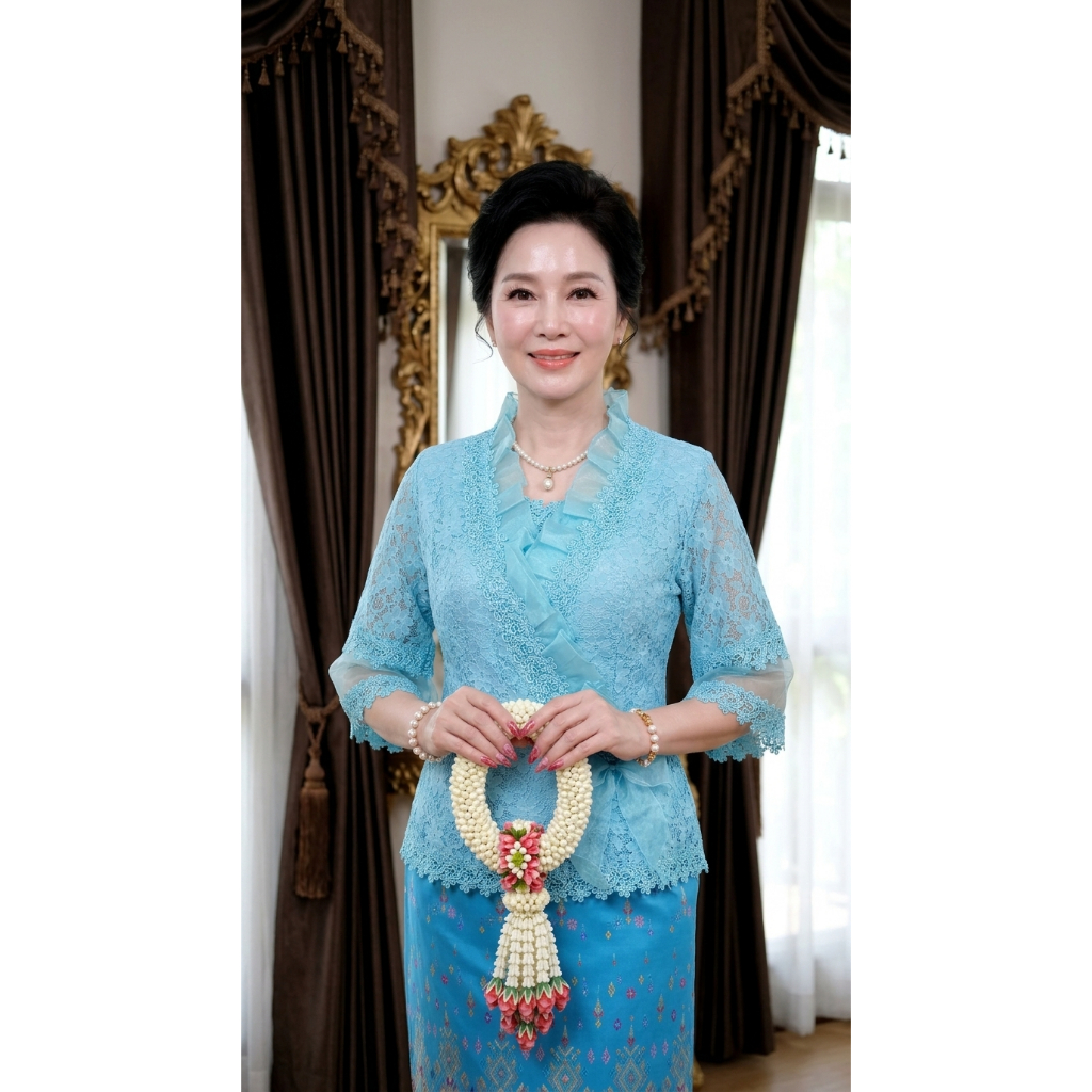 เสื้อลูกไม้ออกงานคอตั้งระบายผ้าแก้วโบว์#1 ( เซ็ตสีที่ 2/2 )