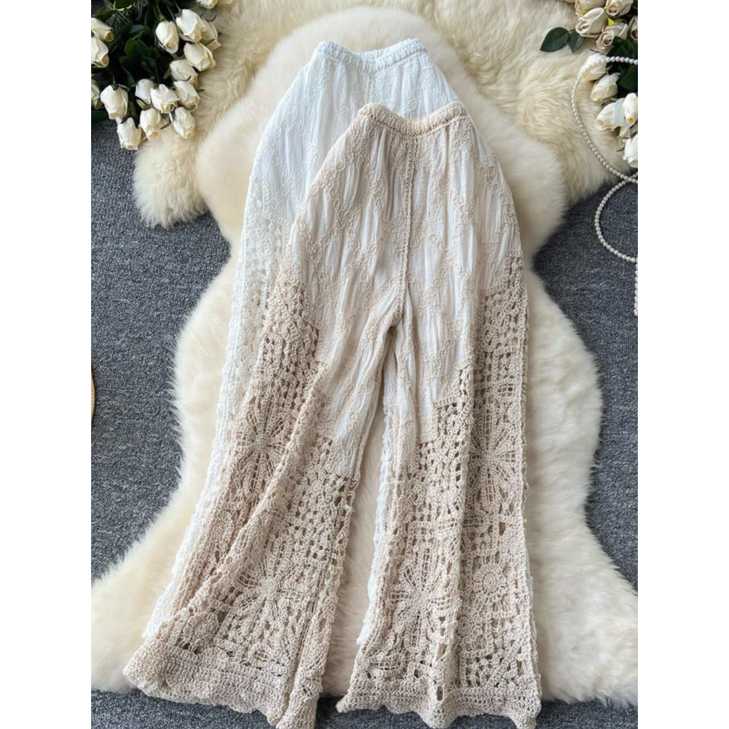 [พร้อมส่ง]กางเกงขายาวผู้หญิง กางเกงลูกไม้ขายาว กางเกงลูกไม้ถักโครเชต์ปลายขาบาน