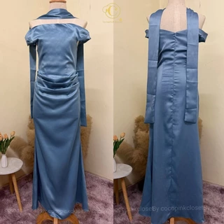 👑C;5065:ชุดราตรี(+ผ้าพันคอ)เดรสยาวปาดไหล่ใส่ออกงาน พรางแขนพรางหน้าท้องผ้าเงาซาร่า