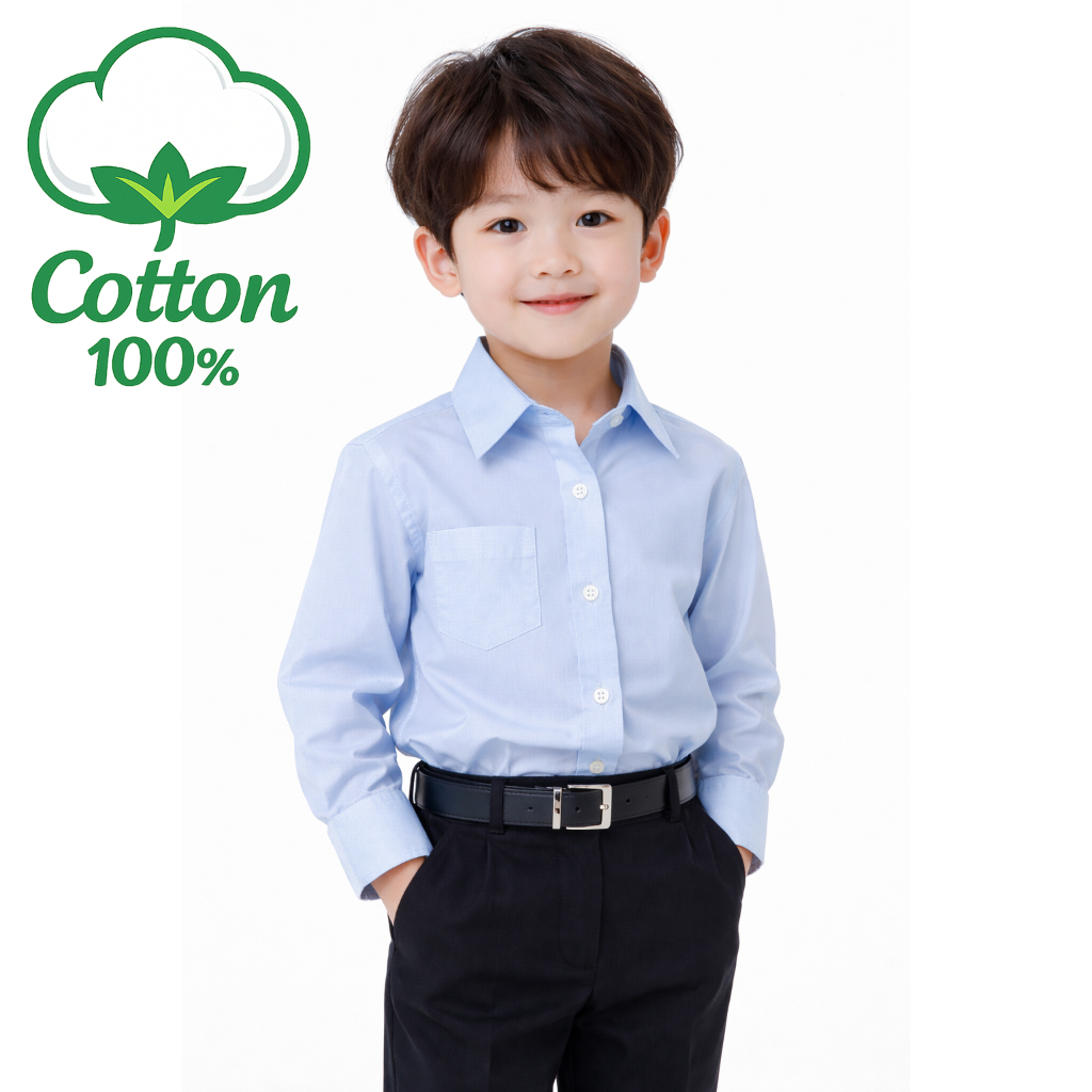 พร้อมส่ง [แถมโบว์หูกระต่าย ฟรี!] เสื้อเชิ้ตเด็กสีฟ้าอ่อน แขนยาว ผลิตจาก Cotton 100% ใส่ออกงานได้ งานแสดงวันแม่ BO0667