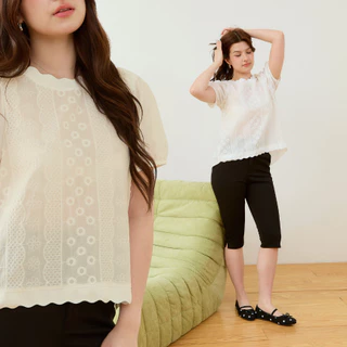 Glucoat | [A615/A822] เสื้อแขนสั้น คอกลมแต่งหยัก แต่งลายเทปฉลุ หน้าสั้นหลังยาว ด้านหลังเป็นสม็อก