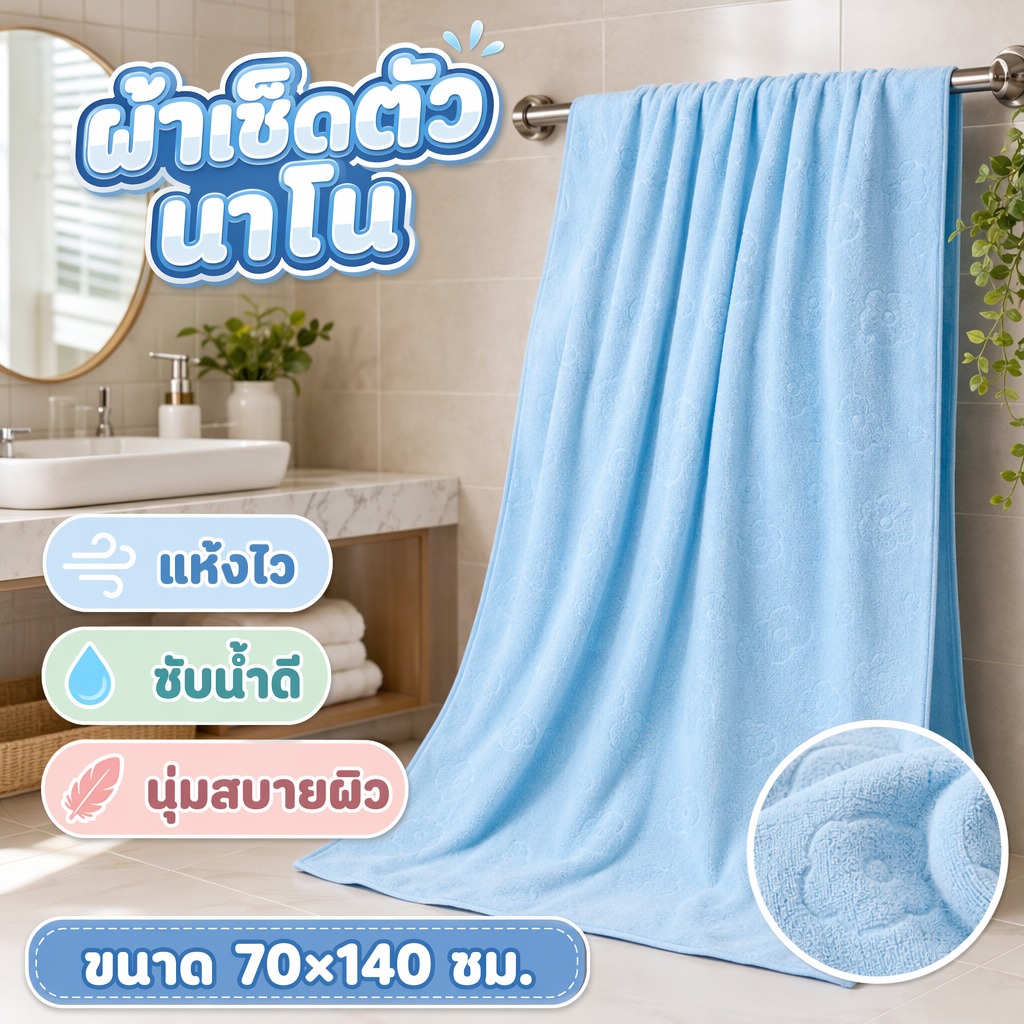ส่งด่วน! ผ้าขนหนูนาโน 70x140ซม. (200g) | ซึมซับ3เท่า นุ่มไม่ขนลุก แถมผ้าเช็ดหน้า