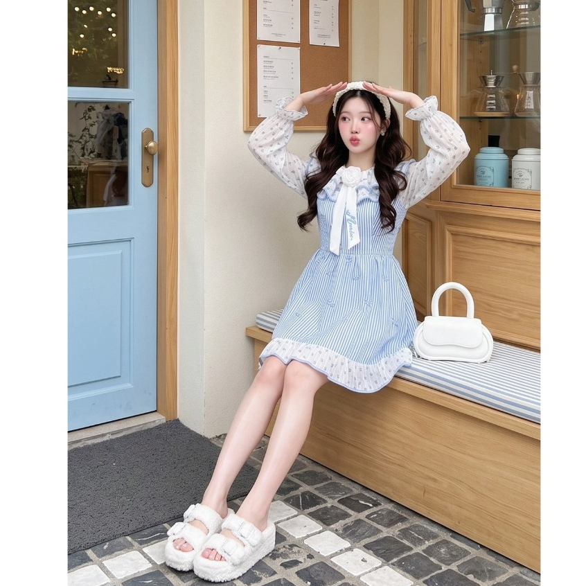 (มี3XL) Maria Diamond สีฟ้า Baby Blue Dress เดรสสั้นผ้าคอตตอนแขนยาวตัดต่อแขนชีฟอง แต่งโบว์หน้า ซิปหลัง มีซับใน