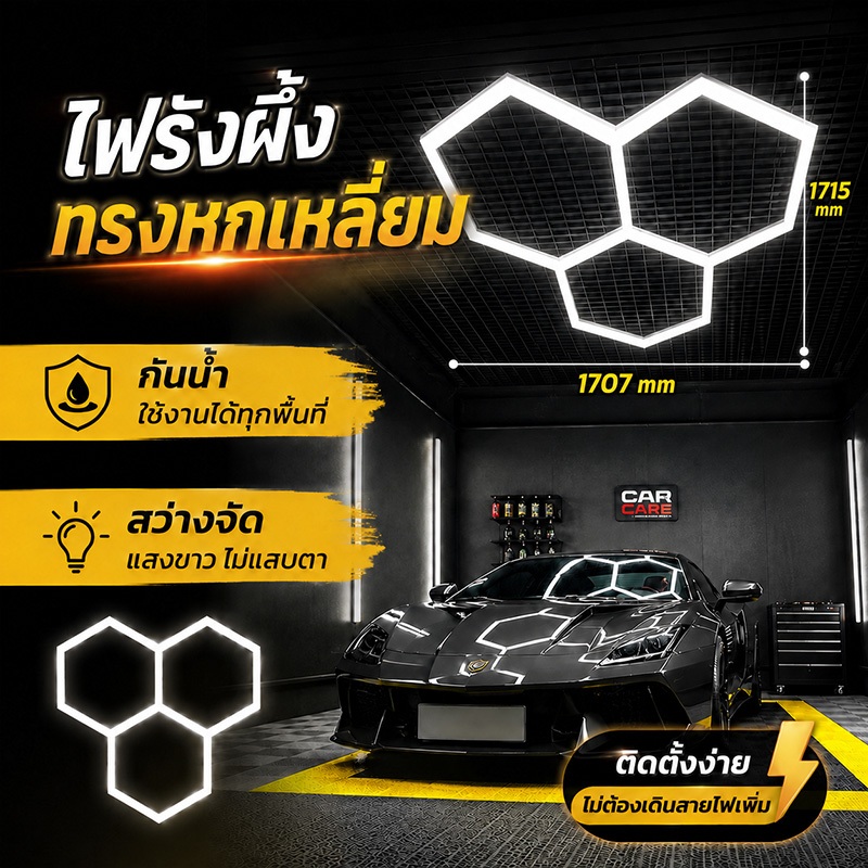 ไฟรังผึ้ง LED 3หลุม ไฟเพดานหกเหลี่ยม สว่างทั่วถึง กันน้ำ ต่อไร้รอย สำหรับโรงรถและร้านล้างรถ