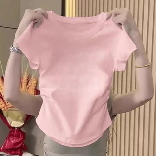 เสื้อยืด สวยๆ ผู้หญิง ฤดูร้อน ใหม่ แขนสั้น ทรงสลิมฟิต เสื้อรัดรูป สวยๆ เสื้อแฟชั่น ผู้หญิง เสื้อผ้าคนอ้วนไซซ์ใหญ่ จับจีบ