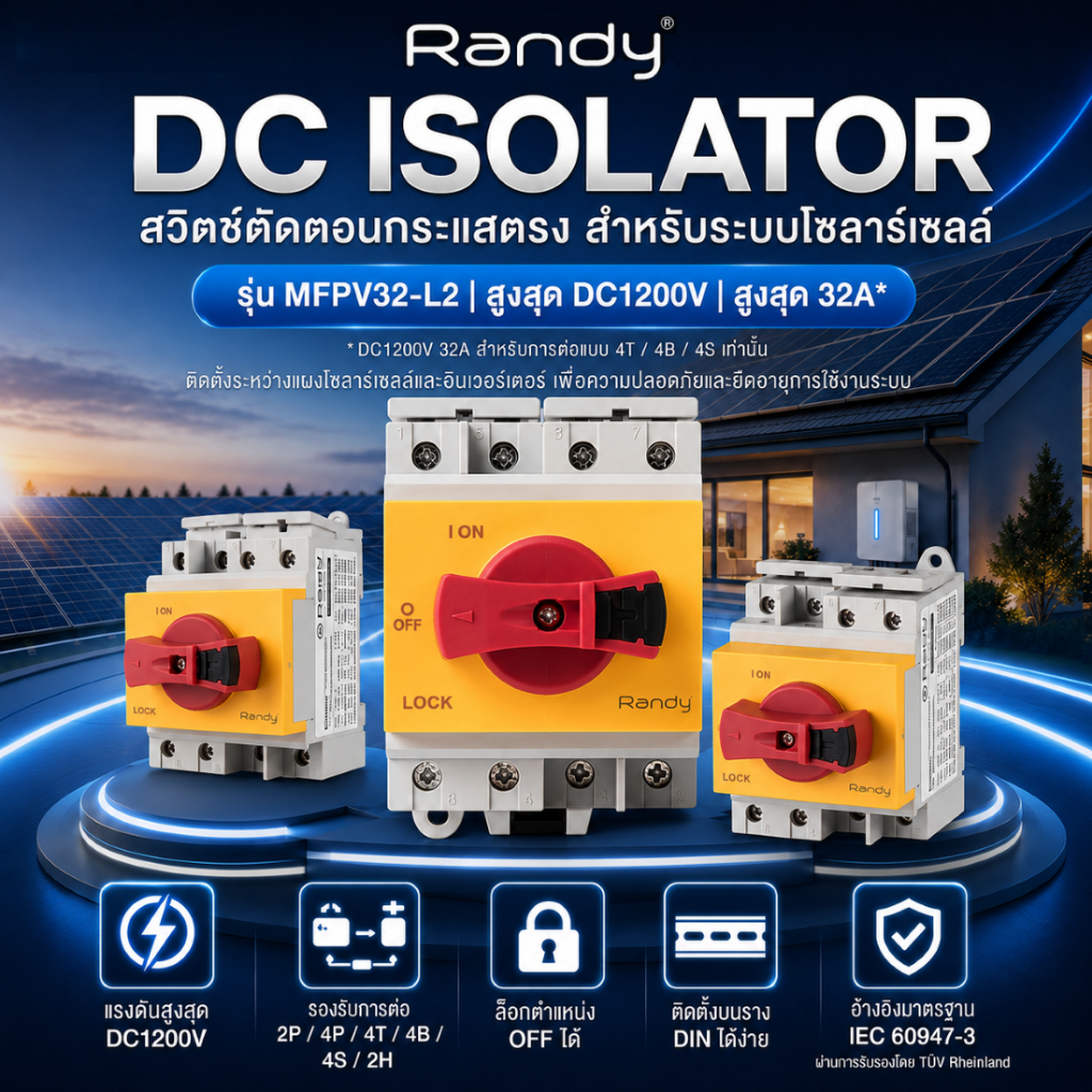 RANDY DC Isolator Switch สวิตช์โซล่าเซลล์ 1200V 32A 4P ล็อก OFF ติดราง DIN ช่างและผู้รับเหมาเลือกใช้