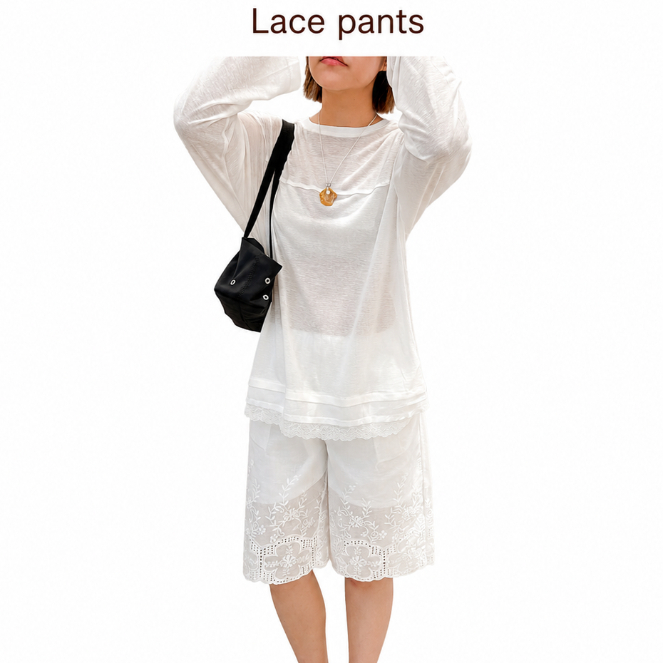 AMCORNER🤍🤍Lace pants🤍🤍 ผ้าcotton ลูกไม้เชิง ผ้าเนื้อเกรดพรีเมี่ยม สีขาว  กางเกงเอวยางยืด มีสายรูดเอว