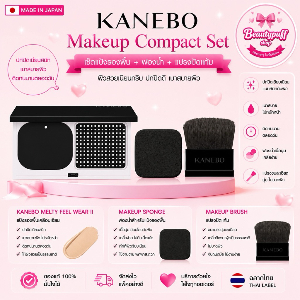 (ของแท้ ฉลากไทย) ตลับแป้งรองพื้น KANEBO Melty Feel Wear II, KANEBO Makeup Sponge  ฟองน้ำสำหรับแป้งรอ