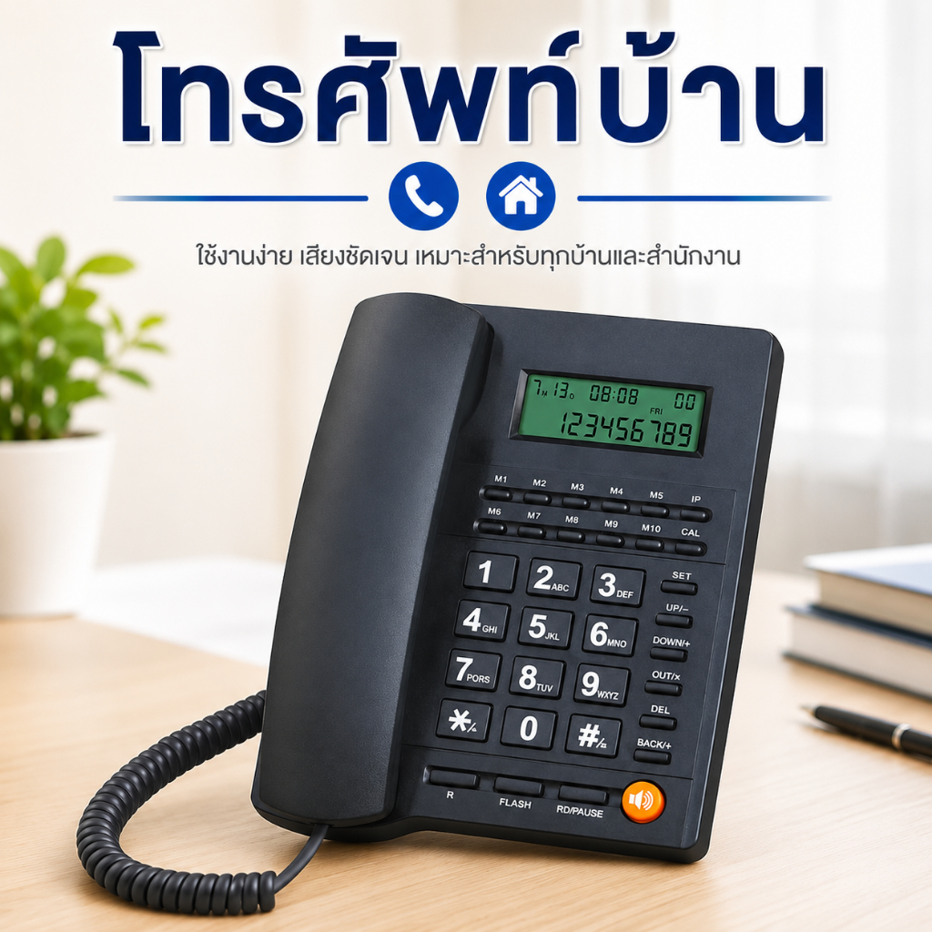 โทรศัพท์บ้านมีสาย สีดำ หน้าจอ LCD แสดงเบอร์ผู้โทร ปุ่มใหญ่ บันทึกเบอร์ โทรซ้ำ โอนสาย พักสาย ใช้สำหรับบ้าน สำนักงาน ร้านค