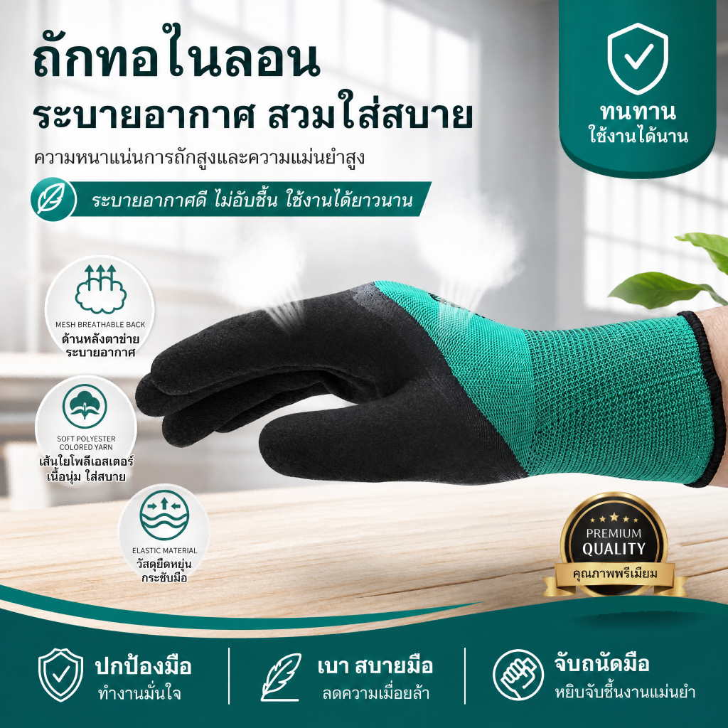 ถุงมือเคลือบยาง ลาเท็กซ์โฟม กันลื่น กันน้ำ ระบายอากาศ หนาพิเศษ สำหรับงานหนัก ก่อสร้าง Work Gloves Safety Heavy Duty Grip