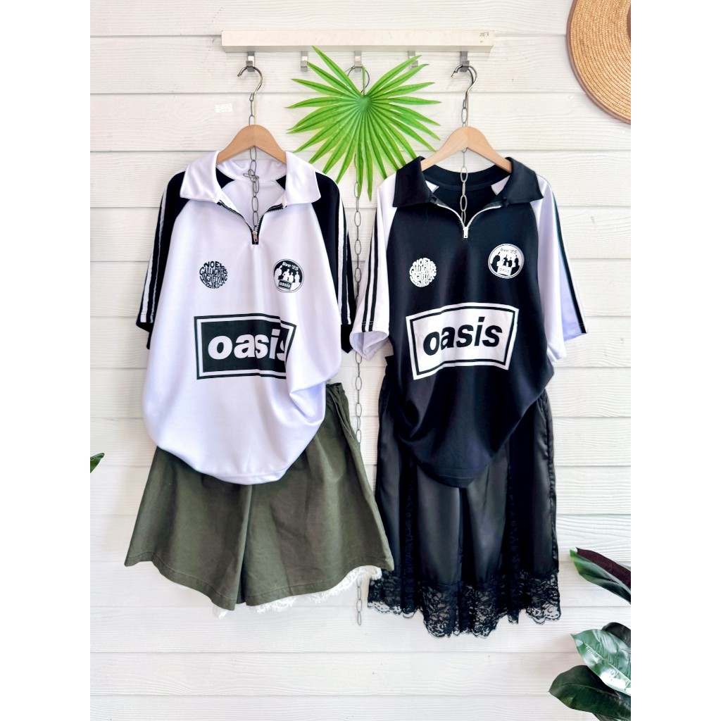 5-633 เสื้อกีฬาทูโทนขาวดำปกซิปสกรีน oasis