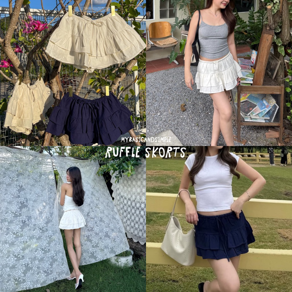 4 สี 𝑴𝒚𝒃𝒂𝒔𝒊𝒄 • Ruffle Skorts กระโปรงกางเกงเอวต่ำ ผ้าคอตตอนผสมไม่บาง
