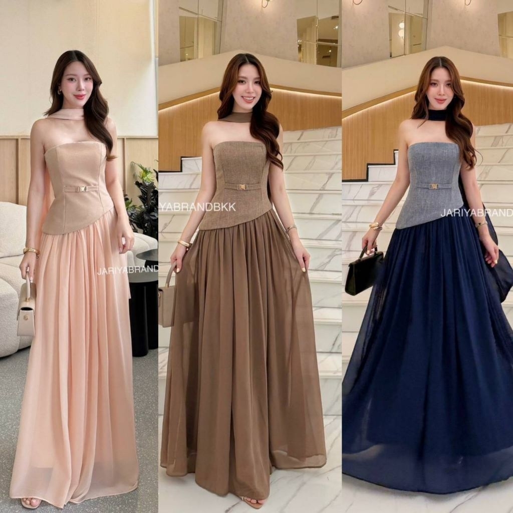 (S-XL)  Jariya  ✅พร้อมส่งเดรสเกาะอกผ้าทวีสคอยยูแต่งบักเก็ตสีทองและสายคาดเอว+ผ้าพันคอ
