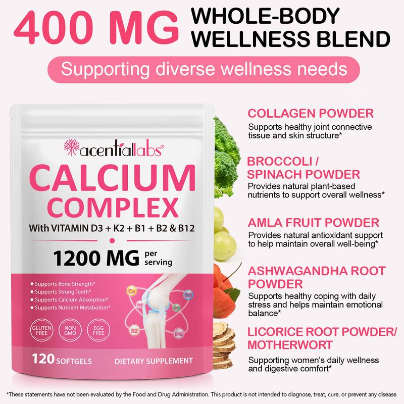 Acentiallabs แคลเซียม 1200mg แคปซูลนุ่ม ผสม วิตามิน D3 5000IU K2 B12 คอลลาเจน ดูแลกระดูกผู้สูงอายุ
