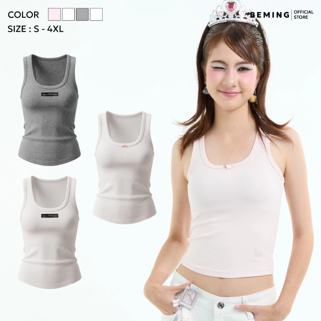 Bemingtop1234(S-4XL)-Rozy Top - เสื้อกล้ามทรงพอดีตัวดีไซน์คอกลม 2 ดีไซน์