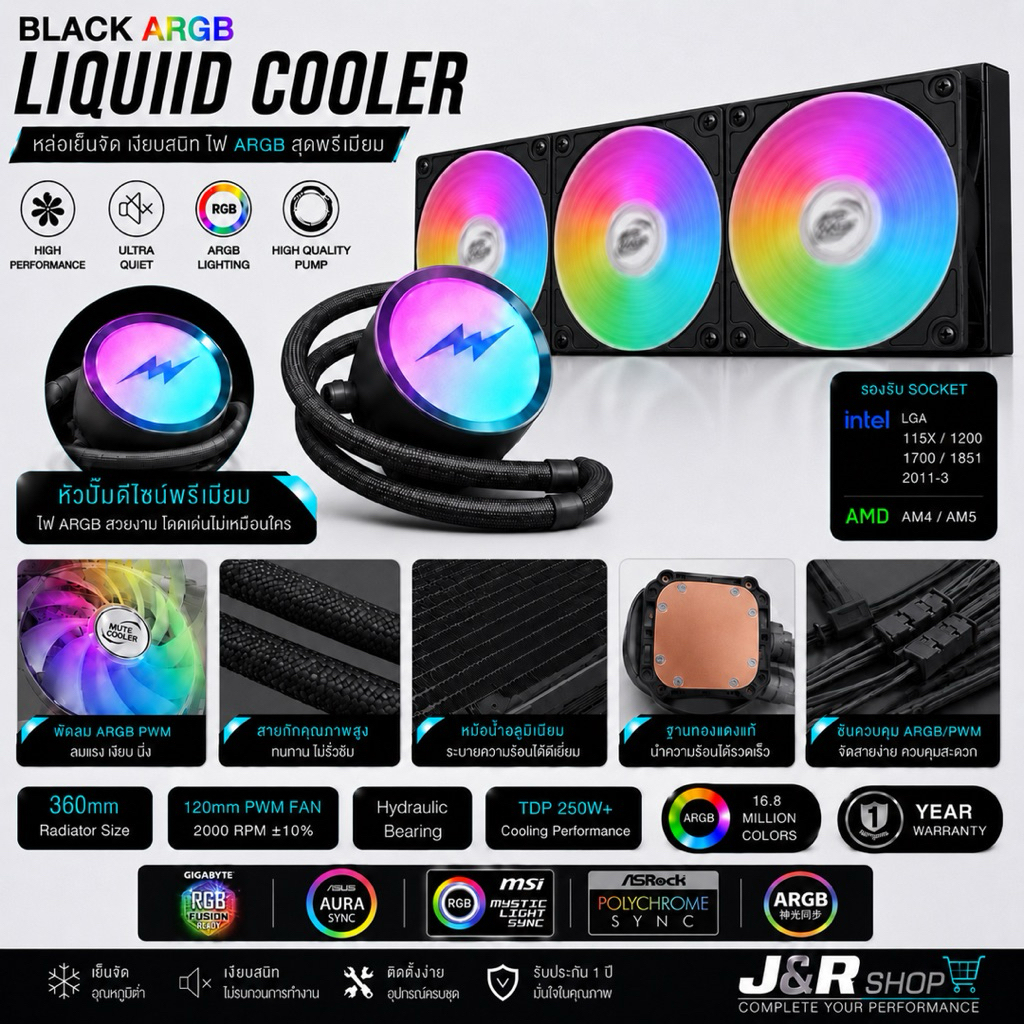 MUTE COOLER ชุดน้ำปิด CPU Series 120/240/360 RGB ARGB 5V 3Pin พัดลม PWM สีขาว/ดำ รองรับ Intel AMD ประกัน 1 ปี