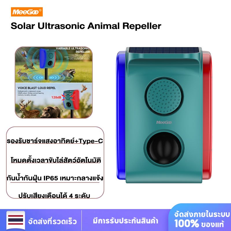MeeGoo เครื่องไล่สัตว์โซลาร์ อัลตราโซนิก ชาร์จ2ระบบ 110° กันน้ำ แบต600mAh สแตนด์บาย120วัน เสียง120dB ติดดิน/ผนัง สวน