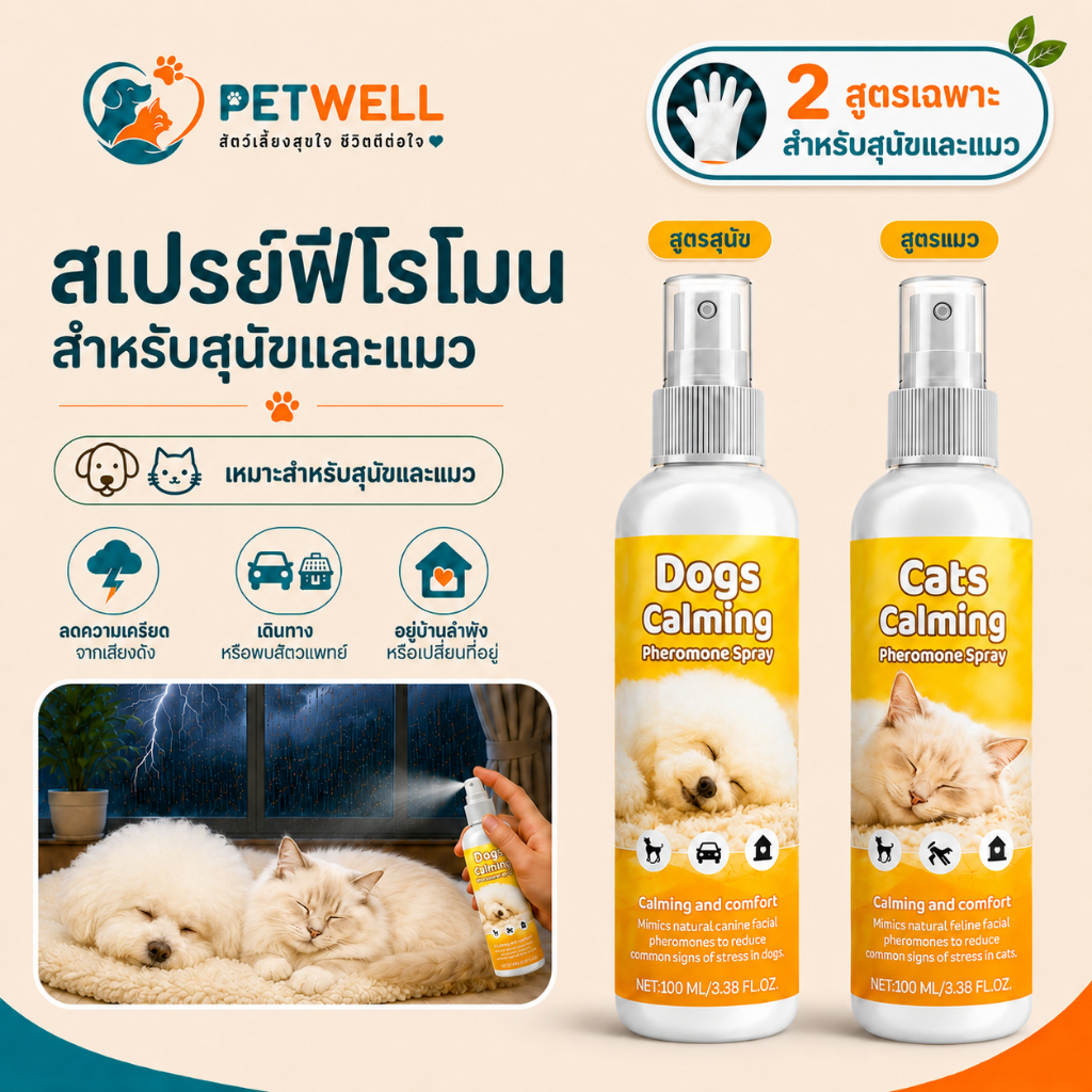 สเปรย์ฟีโรโมนแมว PETWELL ระงับการเป็นสัด ผ่อนคลายอารมณ์ ส่งเสริมการนอนหลับ ไม่มีผลข้างเคียง 100ml