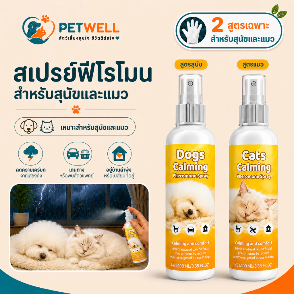 สเปรย์ฟีโรโมนแมว PETWELL ระงับการเป็นสัด ผ่อนคลายอารมณ์ ส่งเสริมการนอนหลับ ไม่มีผลข้างเคียง 100ml