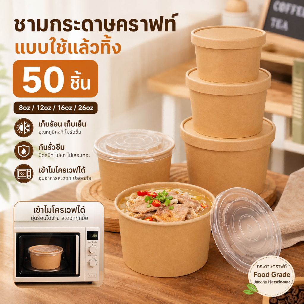 50 ชิ้น/หนาพิเศษ ถ้วยกระดาษคราฟท์ เกรดอาหาร ถ้วยกระดาษ กันน้ำมันและน้ำได้ดี เหมาะสำหรับร้านอาหารและรถเข็น