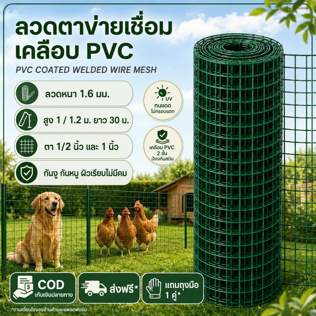 ตาข่ายลวดเชื่อมเคลือบ PVC ขนาด1m×30m ม. ป้องกันการกัดกร่อน ตาข่ายลวดเชื่อมชุบสังกะสี ตาข่ายเหล็กป้องกันสัตว์ การใช้อาคา