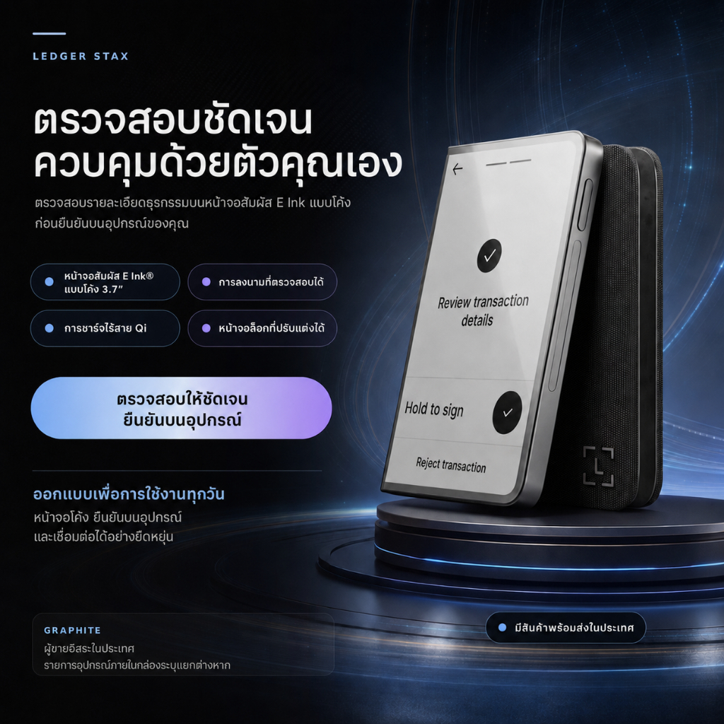 Ledger Stax | ตัวแทนจำหน่ายที่ได้รับอนุญาต | E Ink โค้ง 3.7” | Bluetooth 5.2 NFC USB-C Qi