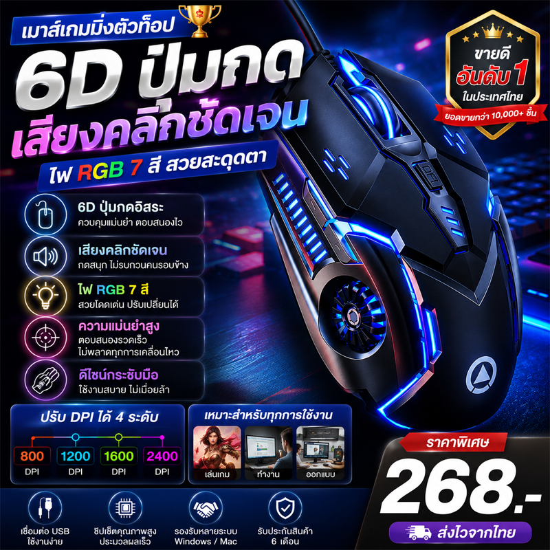 เมาส์เกมมิ่ง เมาส์มีสายรุ่น G5 เมาส์สำนักงาน 6D ปรับ DPI ไฟ LED 7 สีไล่ระดับ เสียบ USB ใช้ได้กับโน้ตบุ๊ก เดสก์ท็อป พร้อม