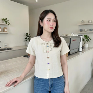 เสื้อผ้าฝ้ายผู้หญิง คอกลม ผูกโบว์ดอกทิวลิป กระดุมสีพาสเทล ผ้าฝ้ายชินมัย ผ้าดีใส่สบาย