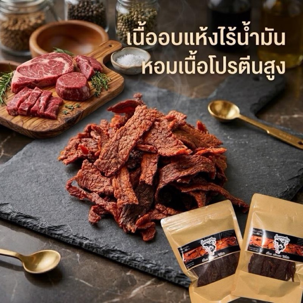 เนื้ออบแห้ง พร้อมทาน ไร้น้ำมัน หอมเนื้อ โปรตีนสูง เนื้อวัวแดดเดียวอบ