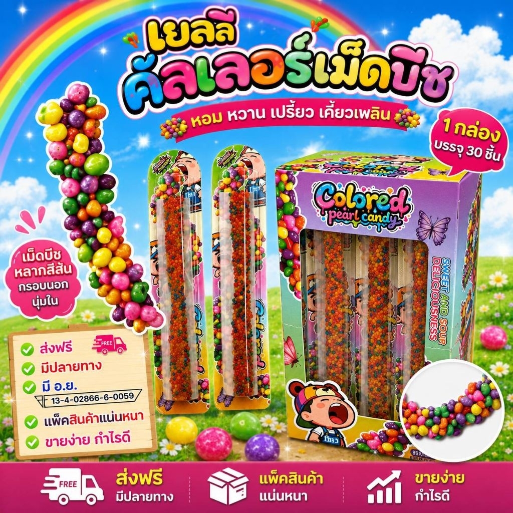 30ชิ้น เยลลี่ คัลเลอร์ เม็ดบีช 30เส้น มีอ.ย. เยลลี่อร่อยหวาน