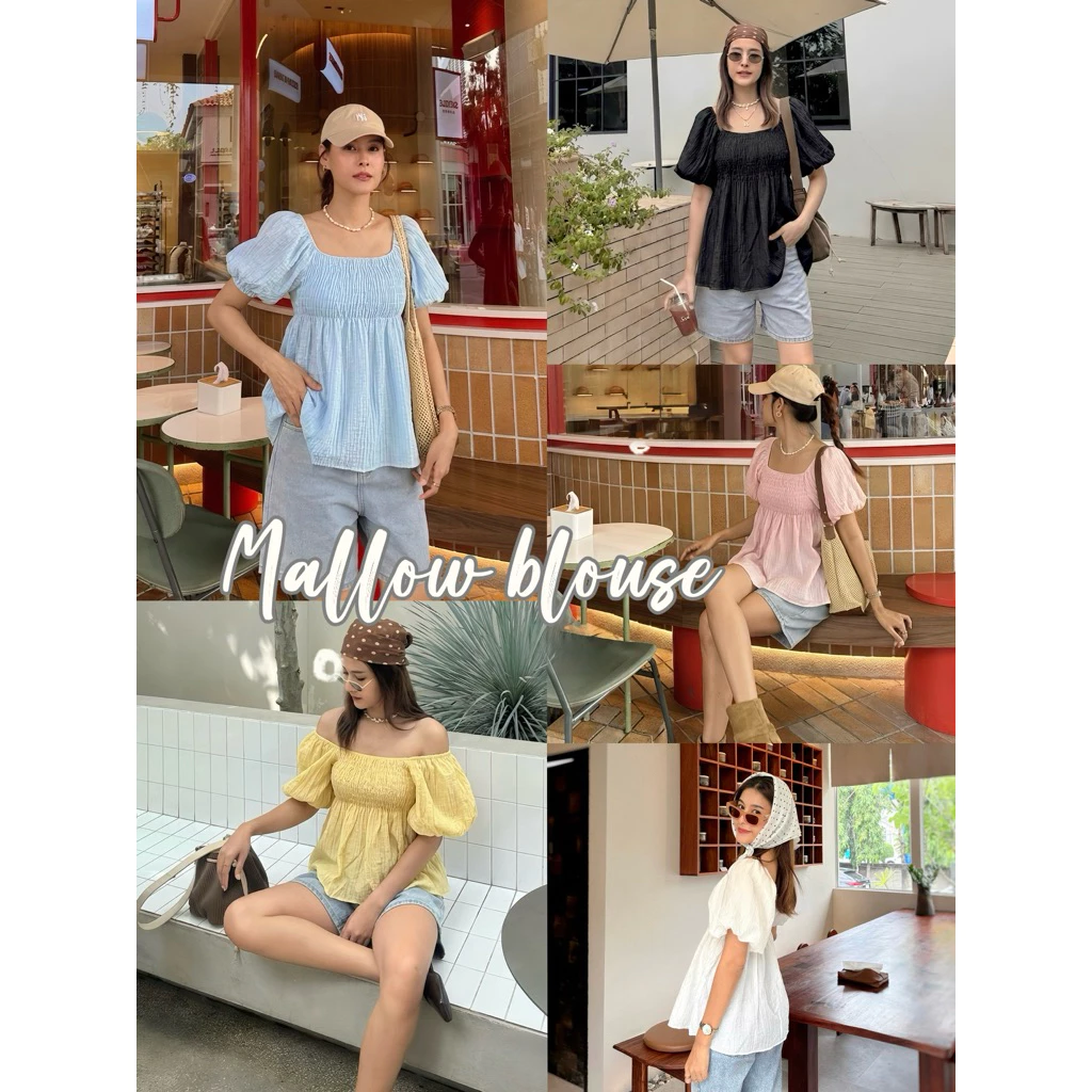 MALLOW BLOUSE (เฉพาะเสื้อ) เสื้อแขนบอลลูน ทรงคอเหลี่ยม สม็อคช่วงอกทั้งหน้าหลัง
