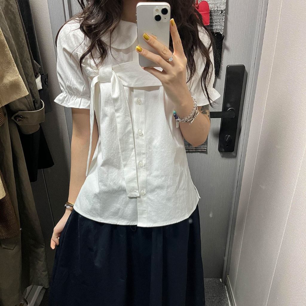 FY-เสื้อสุภาพสตรี เสื้อแขนสั้น สีทึบ ผีเสื้อ ปม กระดุม ประเภทรุ่น Slim Fit หวาน น่ารัก แฟชั่นฤดูร้อน