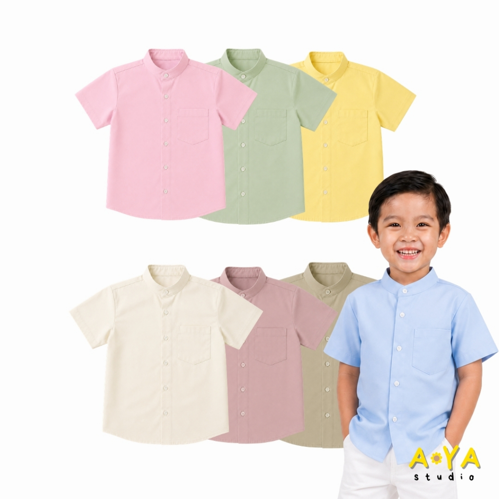 AYA Studio เสื้อเชิ้ตคอจีนเด็ก แขนสั้น ผ้าคอตตอน สีพาสเทล เสื้อเด็กผู้ชาย ไซซ์ 1-7 ปี มีกระเป๋า (คอจีน-สีพื้น)