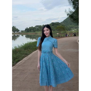 TANTANOD-รหัสTL77 เดรสคอจีนกระโปรงบานแต่งโบว์จิ๋ว