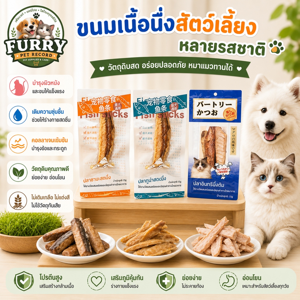 ขนมสัตว์เลี้ยงเนื้อปลานึ่ง แถบปลาแมคเคอเรล & ปลาทูน่า ไม่มีเกลือ สำหรับแมวสุนัข ขนมฝึกสัตว์