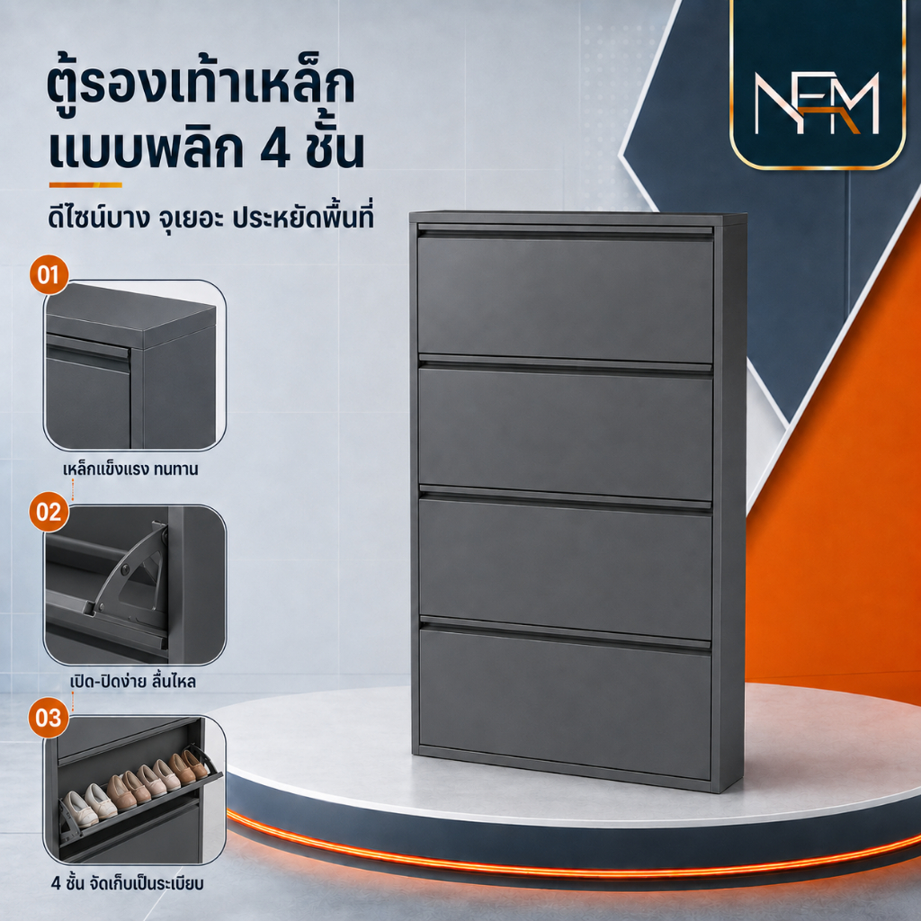 NestFil ตู้รองเท้า 12cm เหล็ก ตู้รองเท้าบางเฉียบ ที่เก็บข้อมูลหลายชั้น ตู้เก็บรองเท้า แข็งแรง ทนทาน