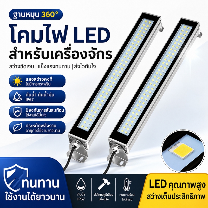 โคมไฟเครื่องจักร LED อุตสาหกรรม กันน้ำIP67กันฝุ่นกันน้ำมันฐานหมุนได้360°สว่างคงที่เหมาะโรงงานเครื่องCNC ใช้แรงดัน24-220V