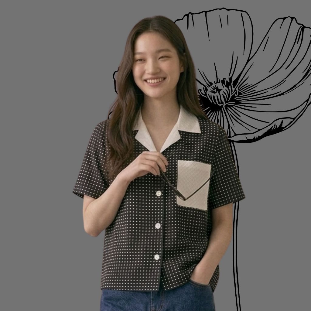 Alivia closet เสื้อฮาวาย สีดำลายตารางขาว แต่งปกสีขาว แขนสั้นผ้านุ่มใส่สบาย