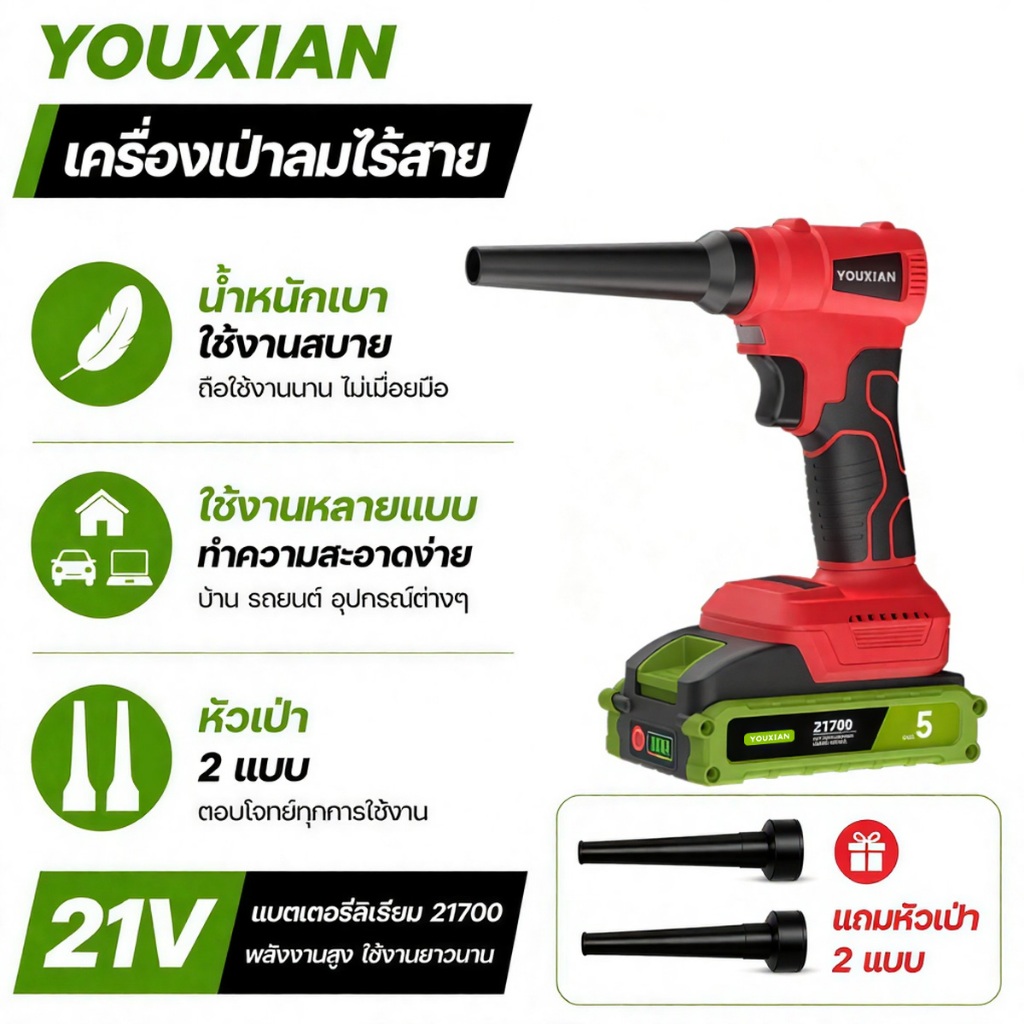 YOUXIAN เครื่องเป่าลมไร้สาย Turbo Blower ไร้แปรงถ่าน 110000RPM เป่า-ดูด 2in1 เป่าฝุ่น รถยนต์ MT-21V