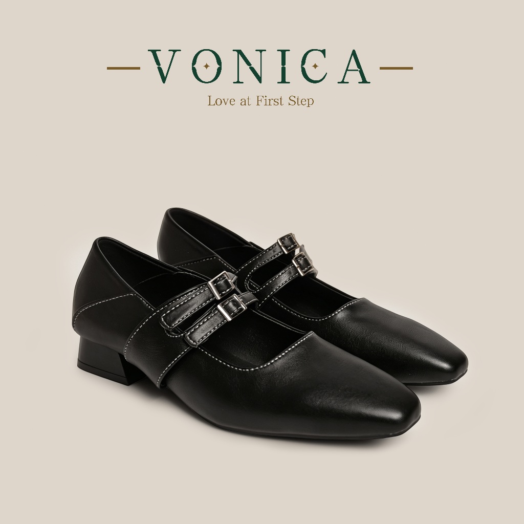 VONICA รองเท้าแมรี่เจนผู้หญิงหัวเหลี่ยมสายคู่ ส้นบล็อก 1 นิ้ว หนังนิ่ม ใส่ทำงานสบายมาก