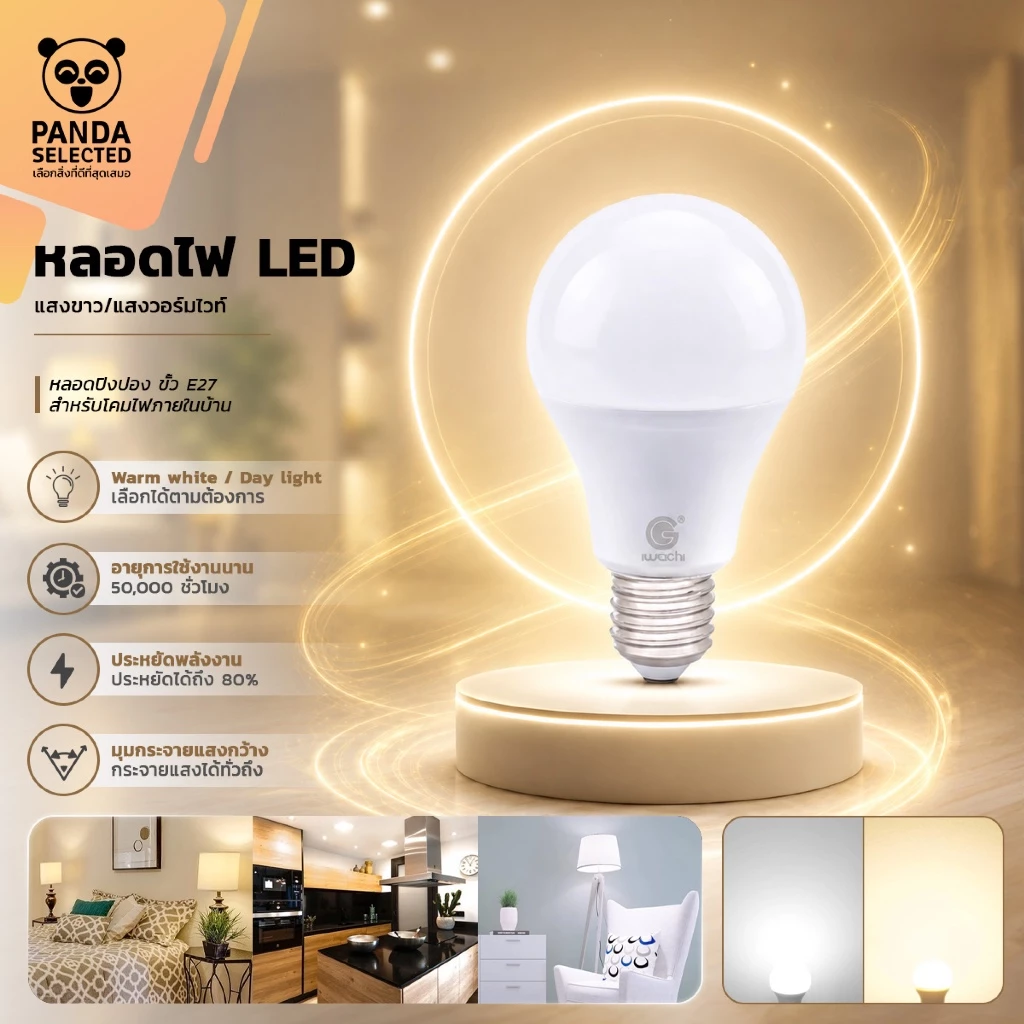 IWACHI หลอดไฟ LED 3W 5W 7W 9W 13W 15W 18W 21W 25W หลอดปิงปอง ขั้ว E27 แสงขาว/แสงวอร์มไวท์ สำหรับโคมไฟภายในบ้าน