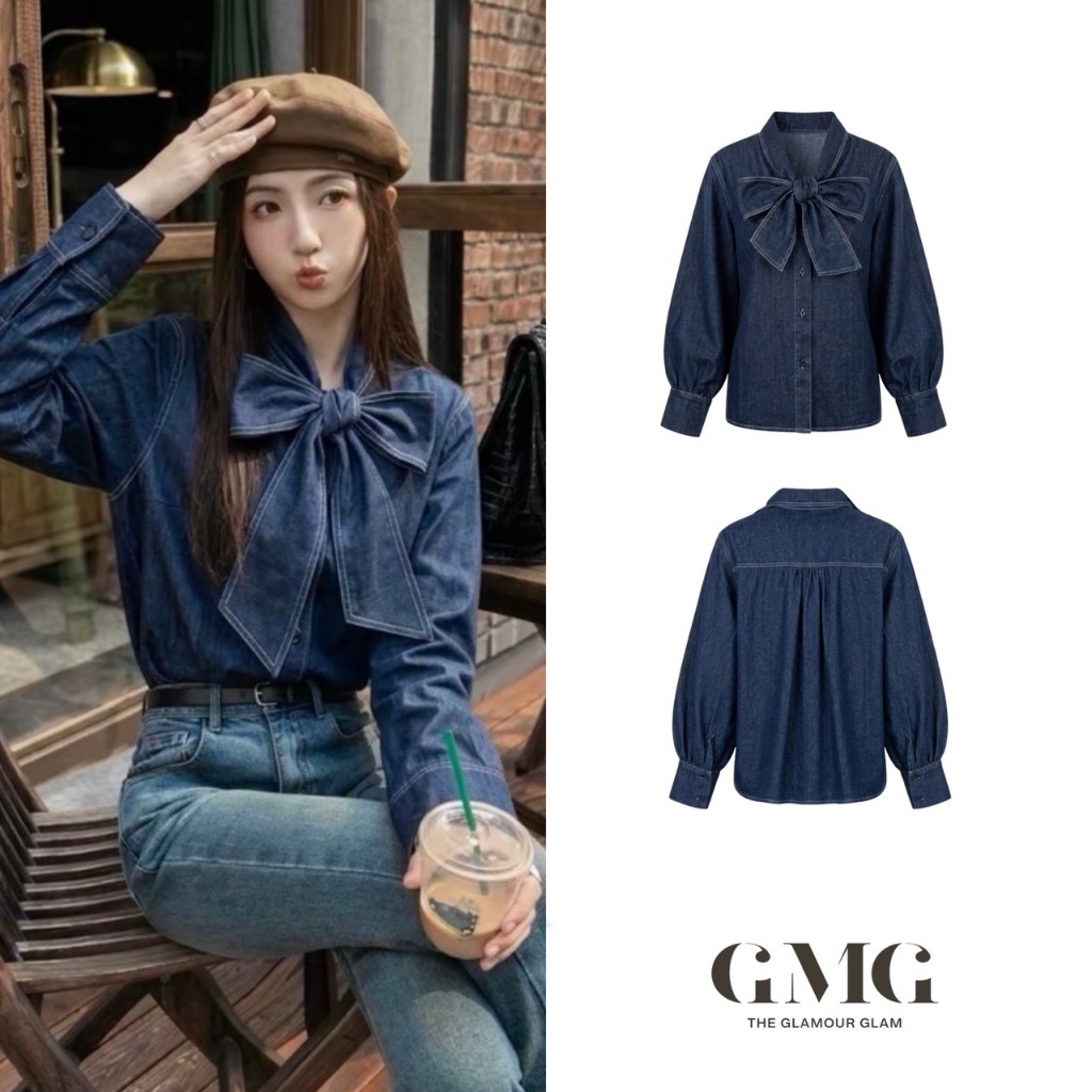 เสื้อเชิ้ตยีนส์แขนยาว คอวีงานโบว์ใหญ่ เดินด้ายตะเข็บคู่สีขาว ดูมีมิติตัดกับ ผ้า Denim Jean สีน้ำเงินเข้ม (Top Jeans Bow)