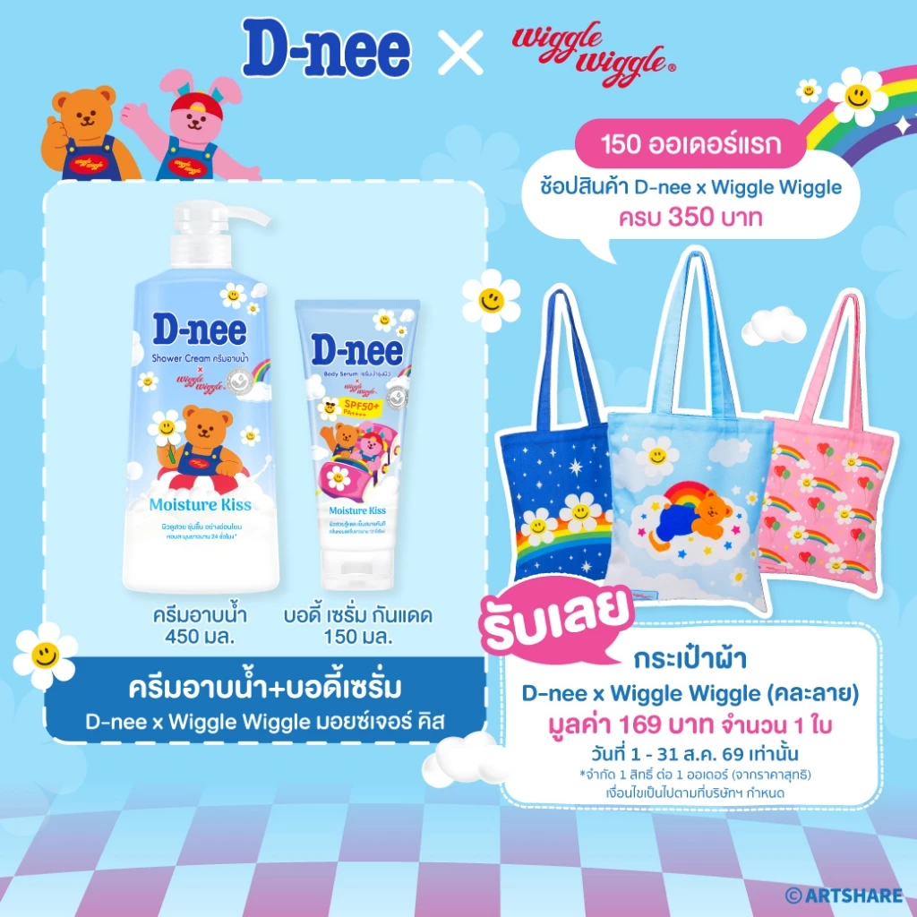 [ครีมอาบน้ำ+โลชั่นกันแดด] D-nee ดีนี่ มอยซ์เจอร์ คิส ครีมอาบน้ำ 450มล.+ มอยซ์เจอร์ คิส ซันสกรีน บอดี้ เซรั่ม 150มล.